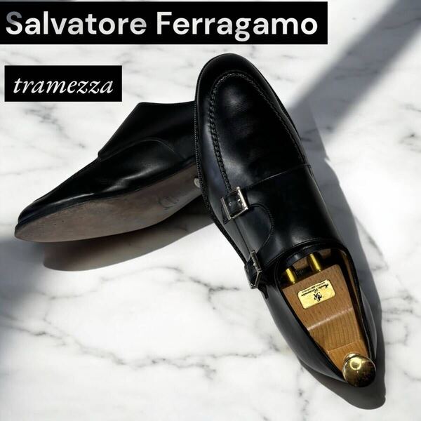 至高の風格、最上級 トラメッザ|Salvatore Ferragamo フェラガモ TRAMEZZA ダブルモンク 黒 7 EE 25cm メンズシューズ k1525