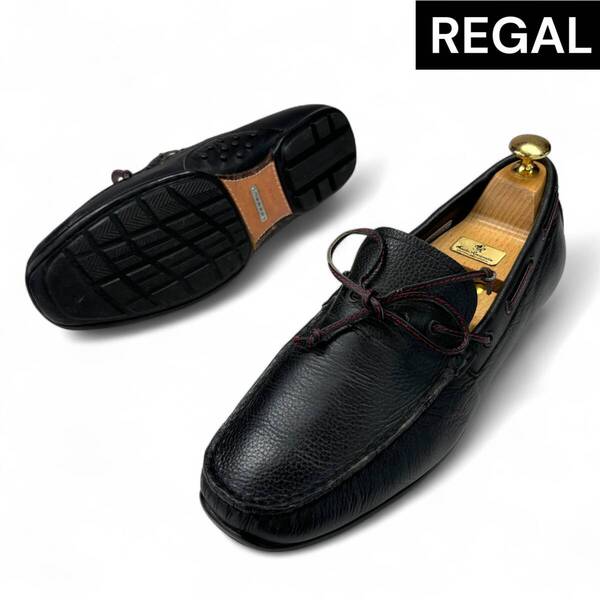 定価2.2万 REGAL リーガル デッキシューズ 954R 型押しレザー×ラバーソール 黒 24.5cm メンズシューズ k1541