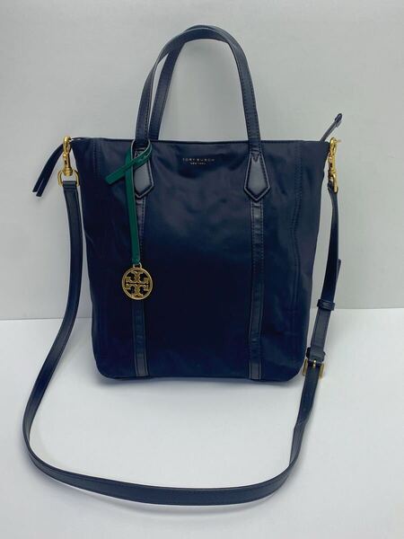 F872 美品 TORY BURCH トリーバーチ 2way ショルダーバッグ ハンドバッグ レザー×ナイロン 肩掛け 斜め掛け ブラック レディース