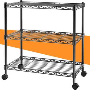 3段 スチールラック 幅60×奥行35×高さ60cm キャスター付き高さ64cm メタルラック キッチンラック 棚 収納ラック 耐荷重60㎏ (ブラック)