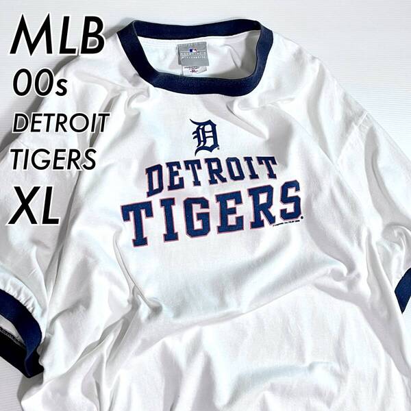 00s MLB Detroit Tigers XL ホワイト ネイビー デトロイト タイガース チームロゴプリント 半袖 リンガーTシャツ メジャーリーグ v24073215