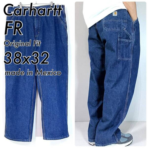 美品 Carhartt カーハート W38 L32 FRB13 DNM インディゴブルー 刺繍ロゴ デニムペインターパンツ NFPA ジーンズ メキシコ製 p25043203