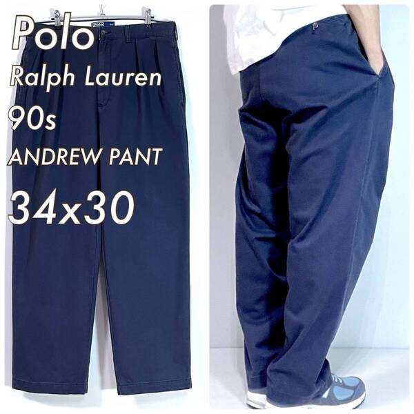 90s Polo Ralph Lauren ポロラルフローレン W34L30 ネイビー ANDREW PANT ツータック チノパン スラックス ポロチノ アンドリューp25043206