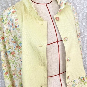丸襟 2way ワンピース Lサイズ 花柄縮緬&綸子 ロングジャケット 裏地付き 正絹 着物リメイク ハンドメイド