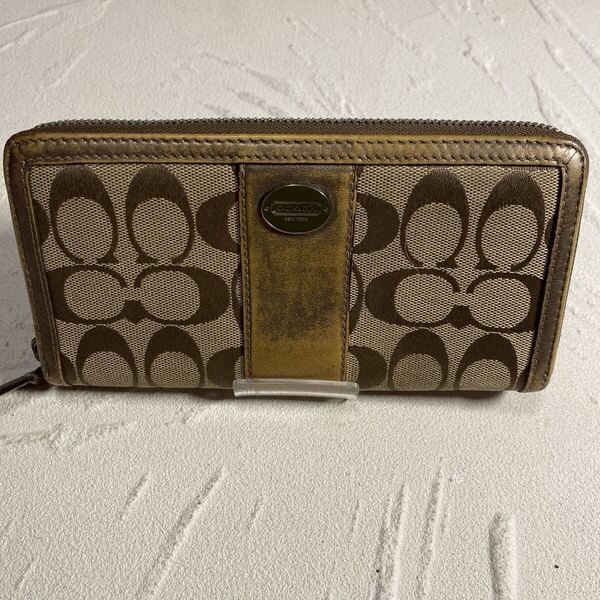 COACH コーチ アコーディオンジップ 長財布 ブロンズ ラウンドファスナー シグネチャー ベージュ キャンバス ロングウォレット