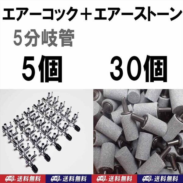 【送料込】エアーコック 5分岐管 5個 + 円柱エアーストーン 30個 シュリンプ・グッピー・メダカ飼育時のエアー分岐に 一方コック5連