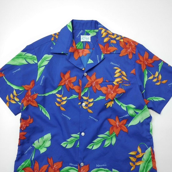 60s 70s KOLE KOLE ビンテージ ハワイアン アロハ シャツ オープンカラー ポリシャツ 青 ハイビスカス モンステラ リーフ 花柄 半袖 古着
