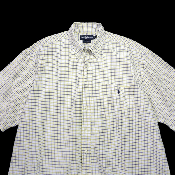 90s RL BIG SHIRT L オールド ビンテージ ラルフローレン ビッグシャツ チェック ボタンダウン シャツ オーバーサイズ 白 黄 紺 半袖 古着