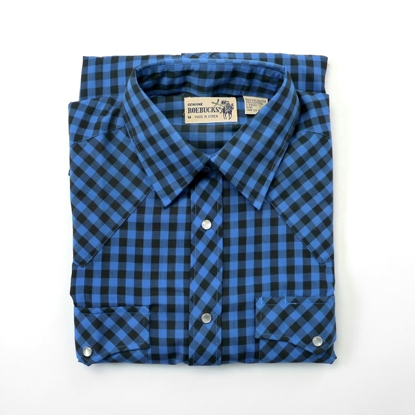 デッドストック 70s 80s Sears Roebucks ビンテージ シアーズ ローバックス ギンガムチェック ウエスタン シャツ 青 黒 長袖 古着 M