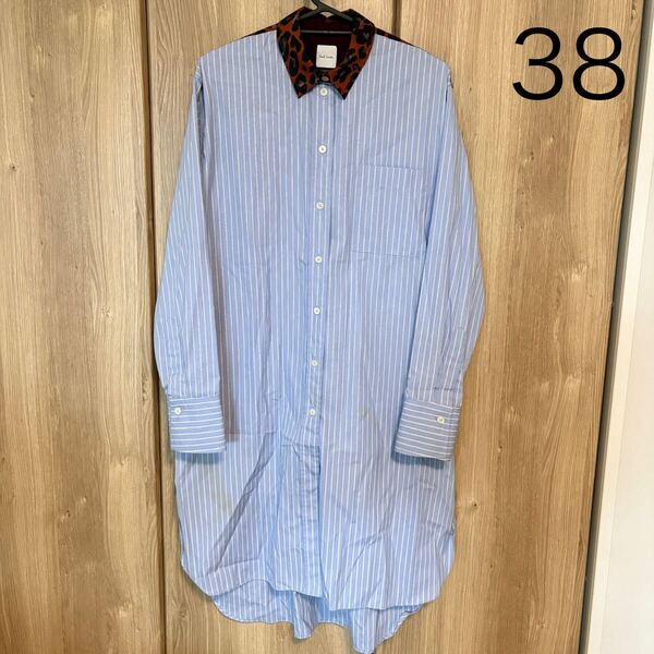 1097 paul smith ポールスミス 長袖ストライプ切り替えロングシャツ ロングブラウス 38 シャツワンピース