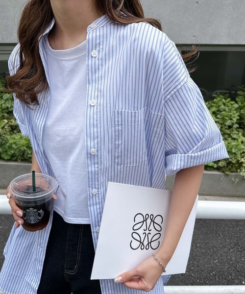 andme ストライプバンドカラー半袖シャツ L