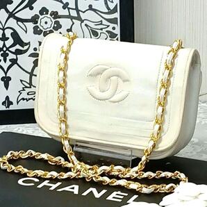 【鑑定済】CHANEL シャネル チェーンショルダー チェーンウォレット ラムスキン シングルフラップ ココマーク ホワイト 白