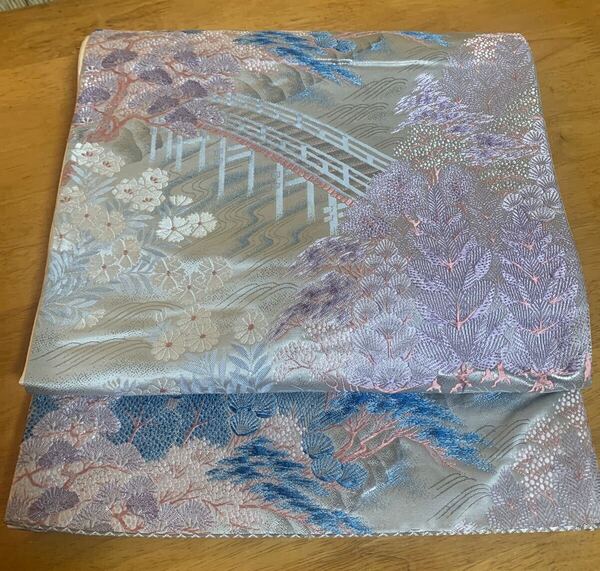 袋帯 帯 六通柄袋帯 正絹 着物 和服 銀彩 山渓柄 刺繍 高級品 リメイク