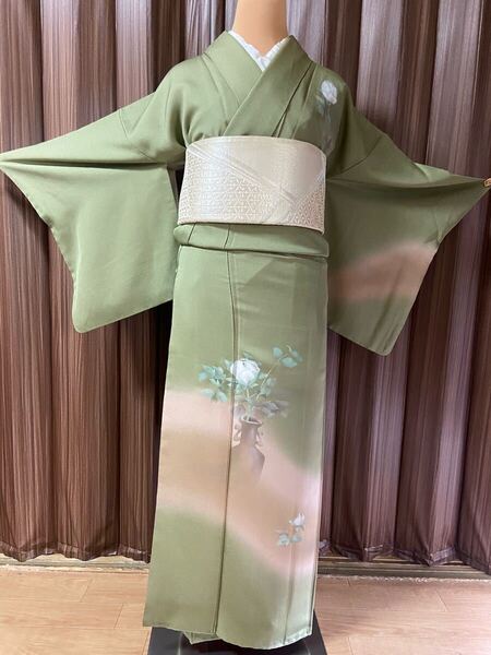 A 付け下げ 袷 正絹 抹茶色 芍薬 着物 和物 和服 和装 高級品