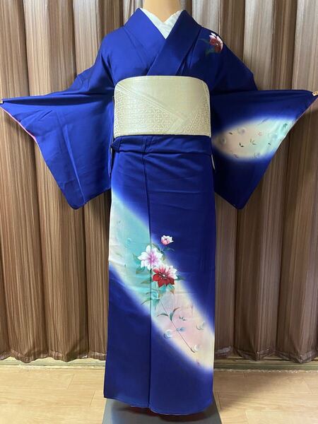A 付け下げ 袷 正絹 紺地 ラメ細工 着物 和物 和服 和装 和風