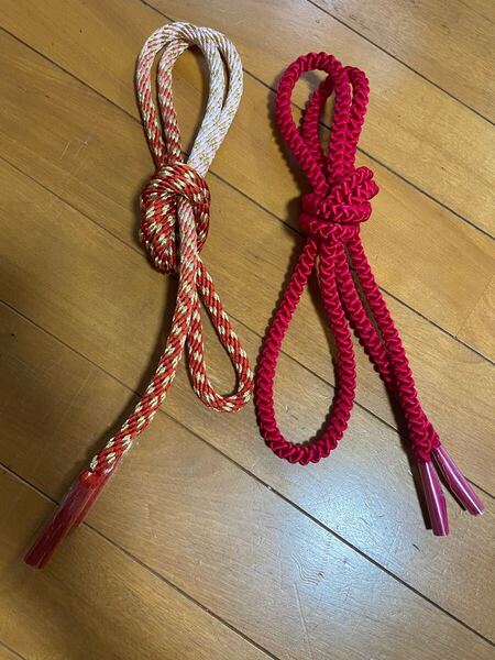 A 帯締め2本セット オレンジとピンクのグラデーション 金糸 赤 着物 和服 和装小物 正絹