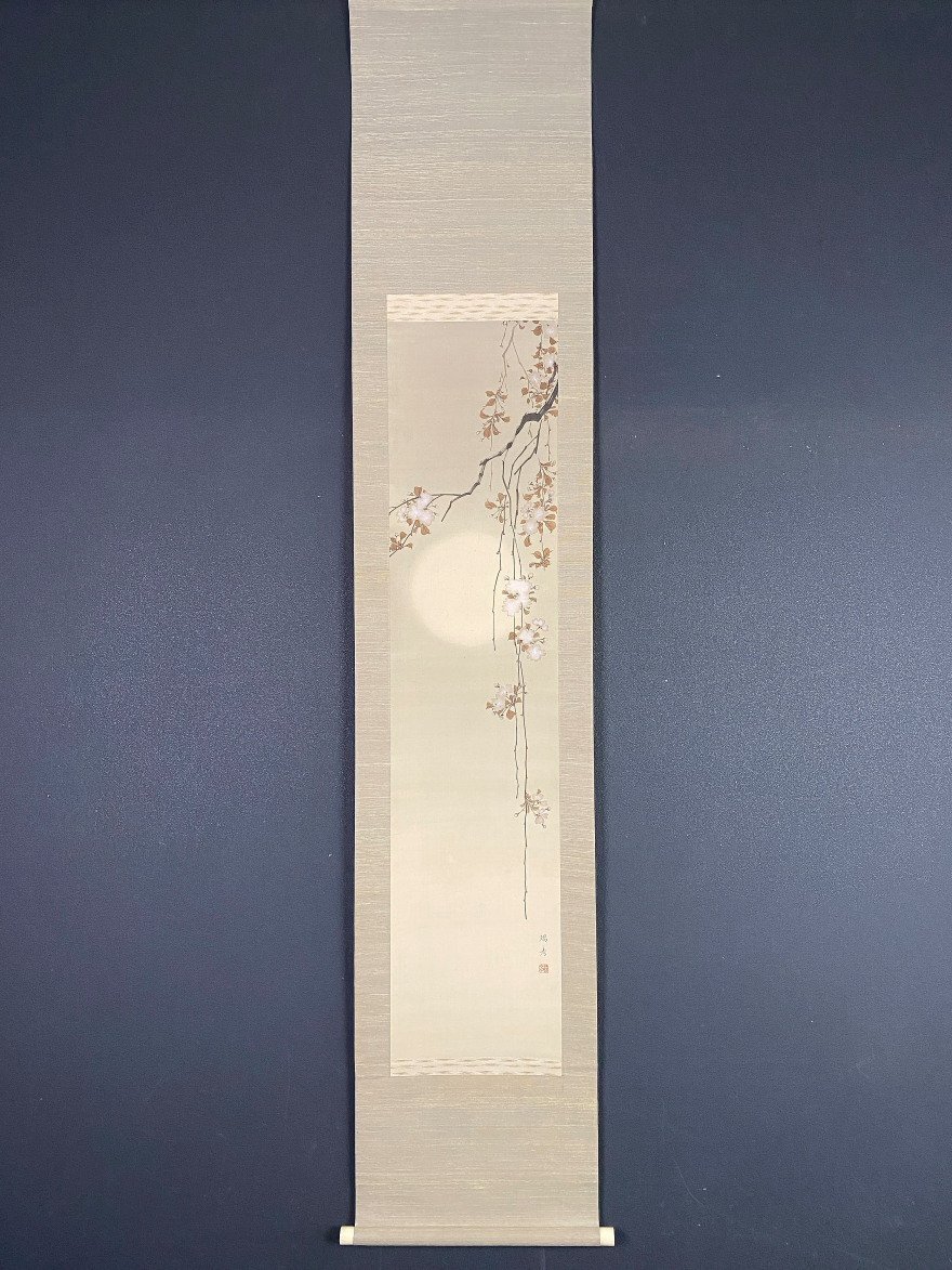 掛軸 紙本 書 水墨画 日本画 夜桜灯籠図 絹本 肉筆 花図