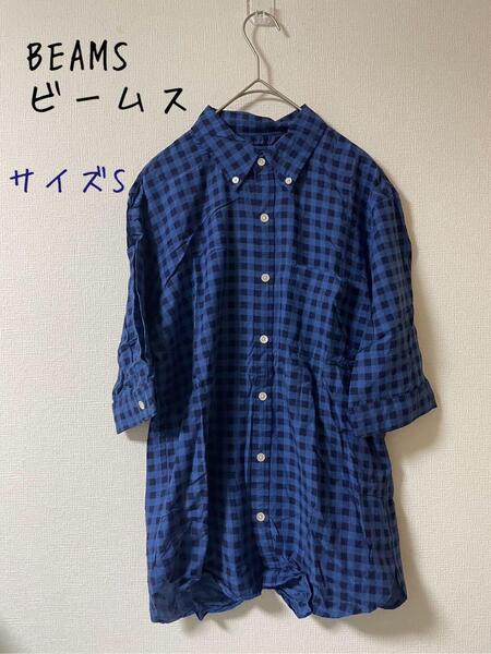 BEAMS ビームス チェック レーヨン混 半袖ボタンダウンシャツ S