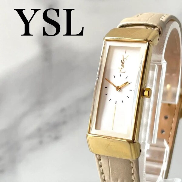稼働品 YSL イヴサンローラン レクタンギュラー ゴールド 白文字盤 腕時計