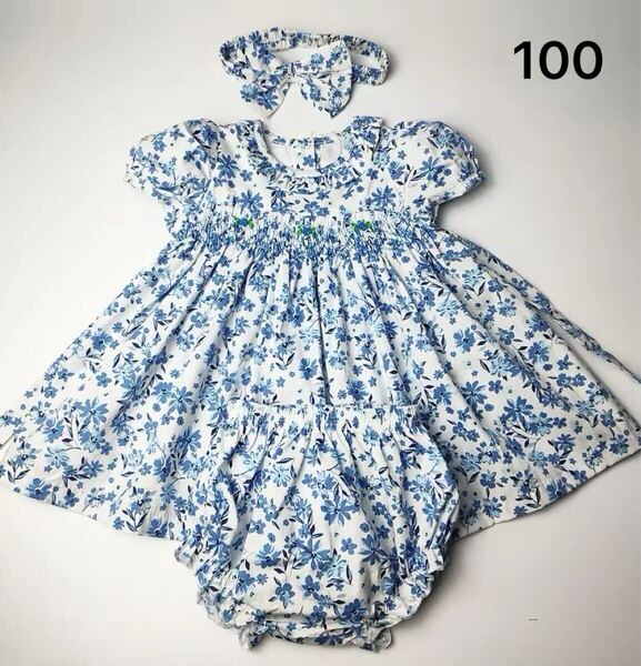 新品 スモッキング ワンピース パンツ付き 髪飾り付き 3点セット 半袖ワンピース 子供服 ピンク 女の子 キッズ ベビー服 水色 100