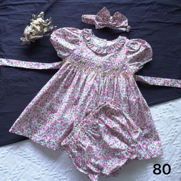 新品 スモッキング ワンピース パンツ付き 髪飾り付き 3点セット 半袖ワンピース 子供服 ピンク 女の子 キッズ ベビー服 80
