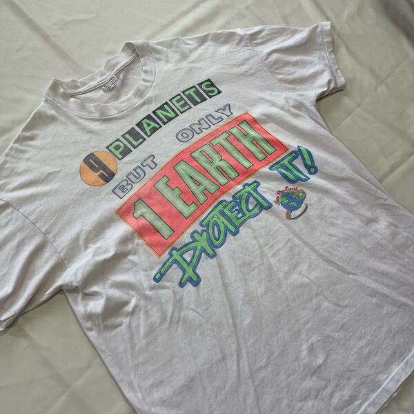 【XL】 90s ヴィンテージ Tシャツ Stedman USA製 古着 80s アメリカ製 半袖 Vintage Tee ビンテージ アート イラスト EARTH 白T