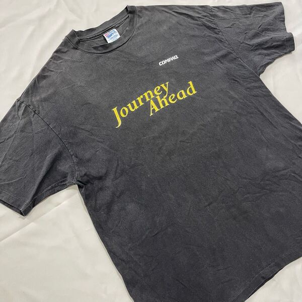 【鬼フェード】 90s COMPAQ ヴィンテージ Tシャツ PC IT USA製 ブラック スミクロ 半袖 Hanes Microsoft Apple Vintage Tee 古着 80s