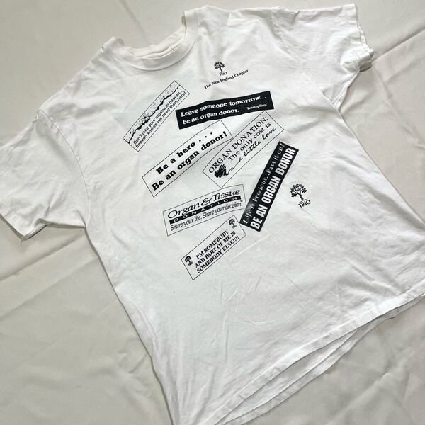 【XL】90s ヴィンテージ Tシャツ 総柄 Vintage Tee 古着 半袖Tシャツ 白 ホワイト Hanes メッセージ ORGAN DONOR アメリカ製 USA製