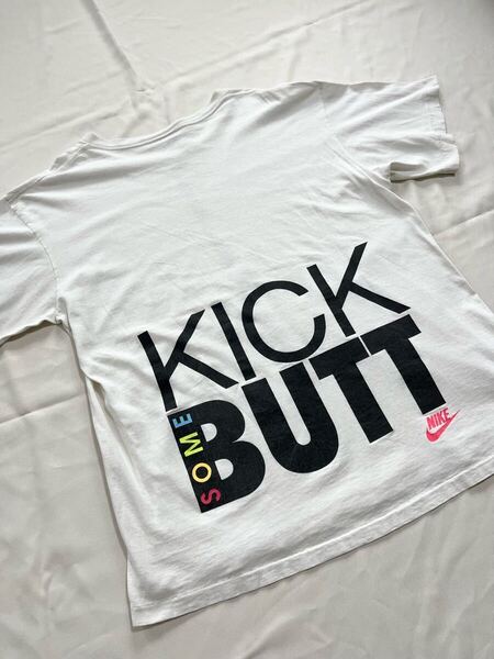 【ボロの美学】 XL 90s NIKE 銀タグ Tシャツ ヴィンテージ USA製 襤褸 Vintage Tee ホワイト KICK BUTT スウォッシュ アメリカ製 ナイキ