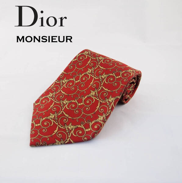 ■美品■Christian Dior MONSIEUR クリスチャンディオール ムッシュ ネクタイ 格子×花 総柄 シルク100% イタリア製 レッド系