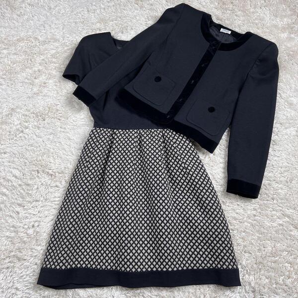 【極美品】FOXEY フォクシー セットアップ ノーカラージャケット ワンピース ドッキング 切り替え ベロア ブラック 黒 38 M