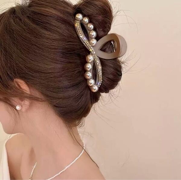 ヘア バンス クリップ パール風 ラインストーン ブラウン ゴールド 上品 髪留め 髪飾り ヘアーアクセサリー 韓国 高見え キラキラ まとめ髪
