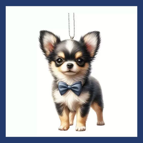 チワワ オーナメント 吊り下げ キー チャーム ホルダー 犬 両面 可愛い リボン 軽量 ペット 黒 ストラップ プレゼント 癒し