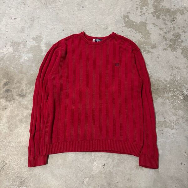90s Chaps コットンニット ラルフローレン 赤 ヴィンテージ ストライプ Ralph Lauren セーター チャップス レッド ワンポイント L