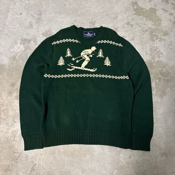90s 00s American Living コットンニット グリーン 雪柄 クルーネック ニット セーター 長袖 緑 ヴィンテージ 綿 ニットセーター L