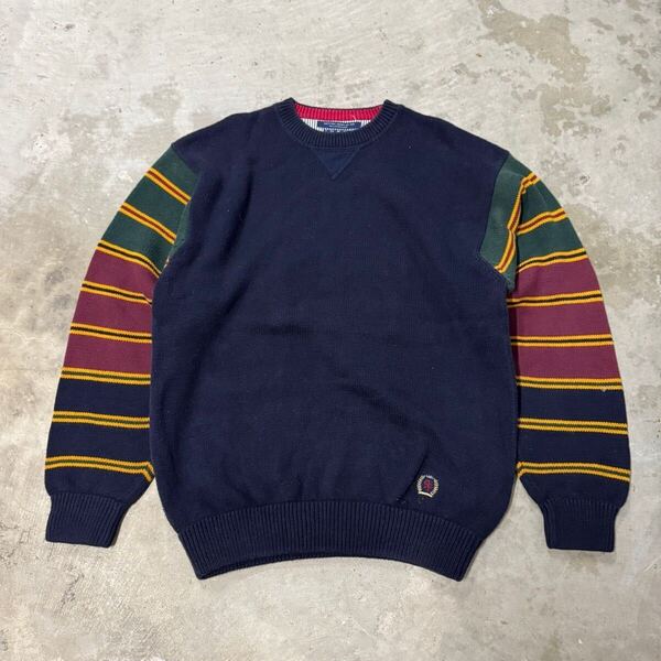90s 00s Tommy Hilfiger コットンニット ネイビー ボーダー トミーヒルフィガー ヴィンテージ セーター ニットセーター 袖ボーダー Lサイズ