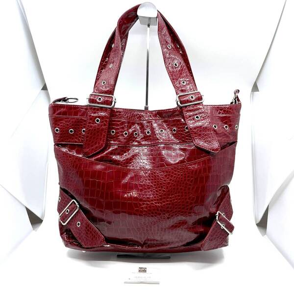 La pento ラ・ペント 2way ハンドバッグ レッド系 シルバー金具 クロコ型押し エナメル レディース 大容量