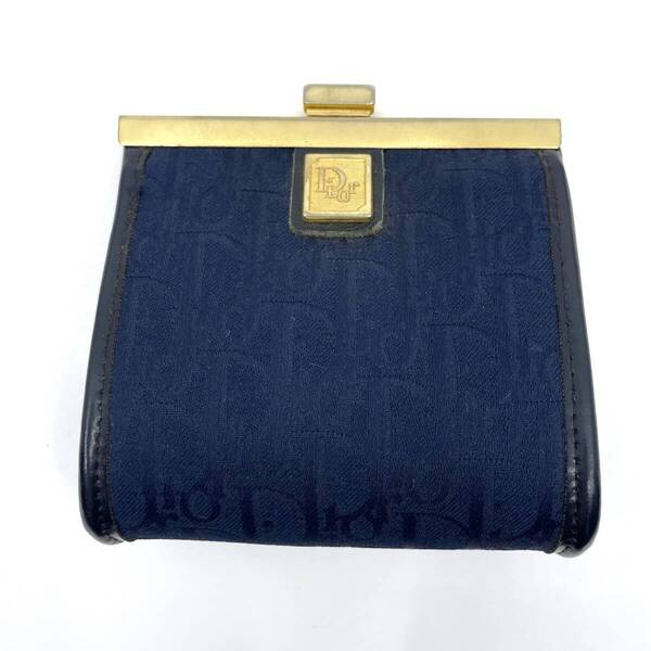 【希少】Christian Dior クリスチャンディオール コインケース 小銭入れ 小物入れ トロッター ロゴ金具 がま口 ネイビー×ゴールド