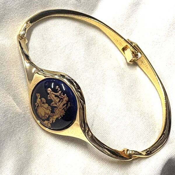 【良品】LIMOGES CASTEL リモージュキャッスル ブレスレット バングル ラウンド 陶器 ダークネイビー系 濃紺 恋人 フラワー ゴールド
