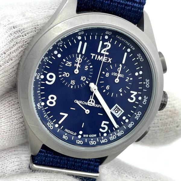 【稼働◯/新品電池交換済】TIMEX タイメックス Tシリーズ レーシング クロノグラフ クォーツ 腕時計 青文字盤 デイト T2N391