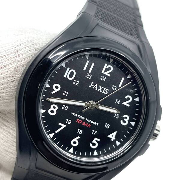 【電池切れ】J-AXIS ジェイアクシス クォーツ 腕時計 黒文字盤 ラウンド ラバーベルト 部品取り メンズ AG1328