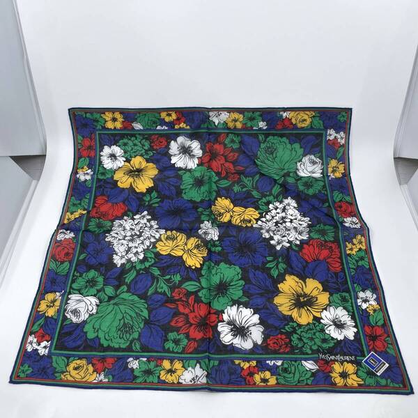 【シール付き未使用品】Yves Saint Laurent イヴサンローラン ハンカチ バンダナ 花柄 フラワー グリーン×ブルー× イエロー×レッド 綿