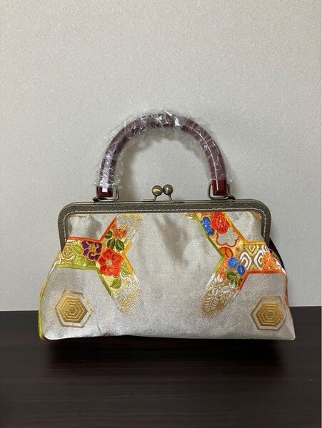 アンズルーム★2WAY★着物 帯★がま口 バッグ★ハンドバッグ★ショルダー★銀 花