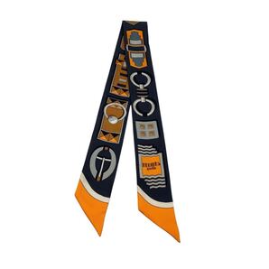 【美品】エルメス HERMES ツイリー CARRE EN BOUCLES カレアンブックル スカーフ シルク オレンジ ツイリースカーフ