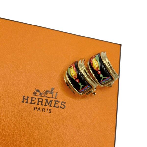 【良品】エルメス HERMES エマイユ イヤリング ブラック × ゴールド 七宝焼き