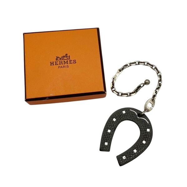 【美品】エルメス HERMES ホースシュー レザー チャーム 馬 馬蹄 シルバー 925 キーホルダー オレンジ ブラック ポルトクレ