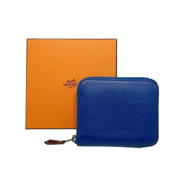 【美品】エルメス HERMES アザップ シルクイン コンパクト ラウンドファスナー ミニ財布 ブルー