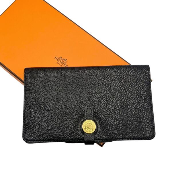 【良品】エルメス HERMES ドゴンMM 二つ折り財布 長財布 レザー ブラック ゴールド金具 ヴィンテージ ソルド品