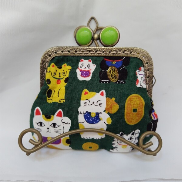 がま口ポーチ 小銭入れ 招き猫柄 グリーン ハンドメイド
