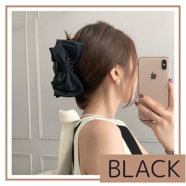 リボン バレッタ 大きめ バンス ヘアクリップ ブラック ヘアピン 韓国 髪留め まとめ髪 ヘアアクセ レディース